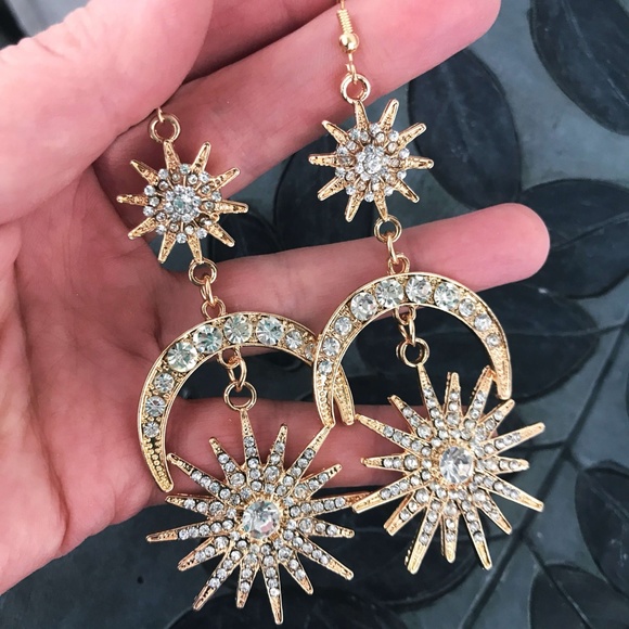 Gold Star Moon Long Lightweight Earrings 4" Drop - Picture 3 of 6